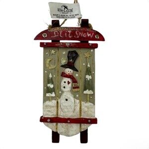 Kurt Adler Let It Snow Sled Ornament Snowman Glitter Primitive Wood Look